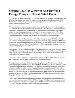 Sempra U.S. Gas & Power and BP Wind Energy Complete Hawaii