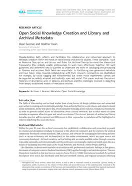 Open Social Knowledge Creation and Library and Archival Metadata