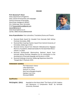 RESUME Prof. Basavaraj P. Donur Head, Department of English & Dean, School of Humanities and Languages Central University Of