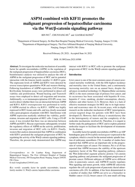 ASPM Combined with KIF11 Promotes the Malignant Progression of Hepatocellular Carcinoma Via the Wnt/Β‑Catenin Signaling Pathway