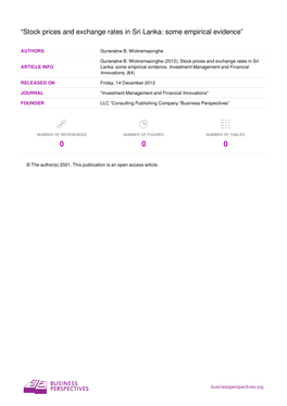 “Stock Prices and Exchange Rates in Sri Lanka: Some Empirical Evidence”