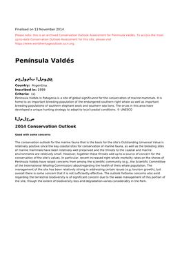 Península Valdés - 2014 Conservation Outlook Assessment (Archived)