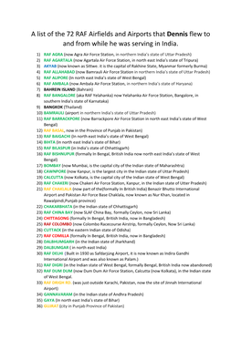 A List of the 72 RAF Airfields and Airports That Dennis Flew to and from While He Was Serving in India