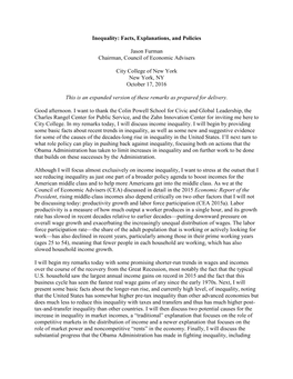 Inequality: Facts, Explanations, and Policies Jason Furman Chairman, Council of Economic Advisers City College of New York New Y