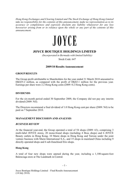 JOYCE BOUTIQUE HOLDINGS LIMITED (Incorporated in Bermuda with Limited Liability) Stock Code: 647