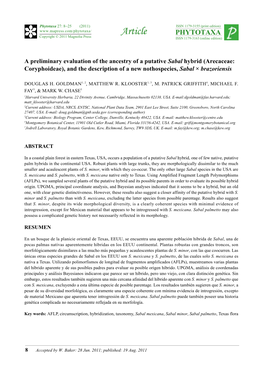 A Preliminary Evaluation of the Ancestry of a Putative Sabal Hybrid (Arecaceae: Coryphoideae), and the Description of a New Nothospecies, Sabal × Brazoriensis