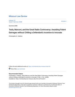 Tesla, Marconi, and the Great Radio Controversy: Awarding Patent Damages Without Chilling a Defendant's Incentive to Innovate