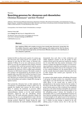 Searching Genomes for Ribozymes and Riboswitches Christian Hammann* and Eric Westhof†