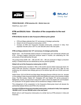 Elevation of the Cooperation to the Next Level KTM & BAJAJ Decide to Take Husqvarna Motorcycles Global