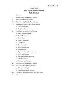 Town Meeting Member Handbook Table of Contents Foreword I