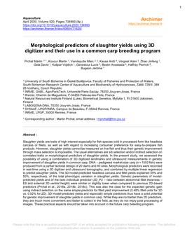 Morphological Predictors of Slaughter Yields Using 3D Digitizer and Their Use in a Common Carp Breeding Program