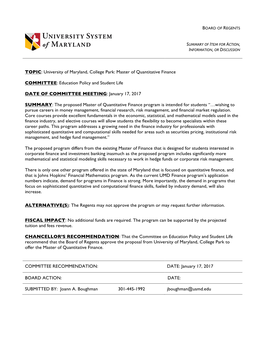 University of Maryland, College Park: Master of Quantitative Finance