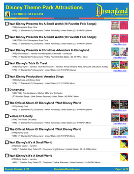 Disney Theme Park Attractions RECORD CHECKLIST