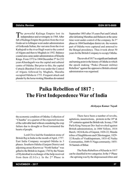Paika Rebellion of 1817 : the First Independence War of India