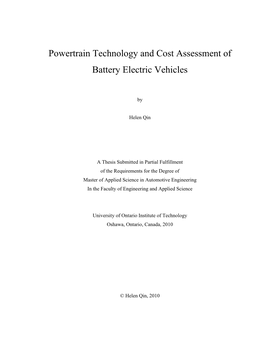 Powertrain Technology and Cost Assessment of Battery Electric Vehicles