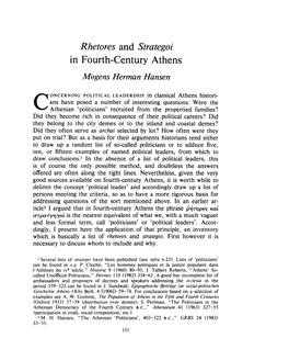 Rhetores and Strategoi in Fourth-Century Athens Mogens Herman Hansen