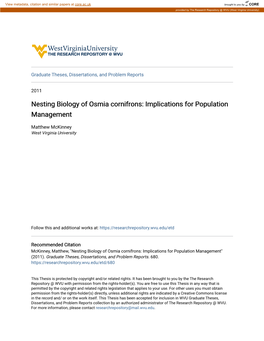Nesting Biology of Osmia Cornifrons: Implications for Population Management