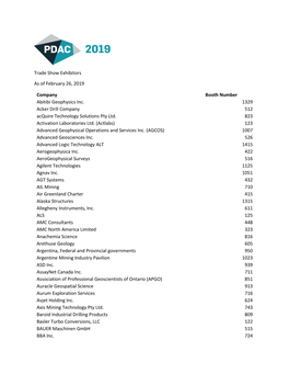 Trade Show Exhibitors As of February 26, 2019 Company Booth Number