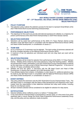 2021 WORLD SHORT COURSE CHAMPIONSHIPS 16Th – 21St December, Abu Dhabi, UNITED ARAB EMIRATES (UAE) SELECTION POLICY