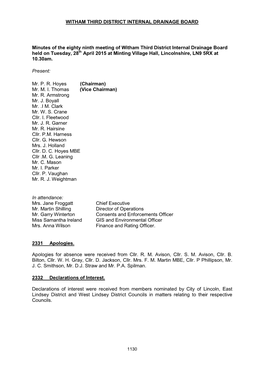 WITHAM THIRD DISTRICT INTERNAL DRAINAGE BOARD Minutes of The