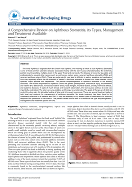 A Comprehensive Review on Aphthous Stomatitis, Its Types, Management and Treatment Available Sharma D1,2* and Garg R3 1Ph.D