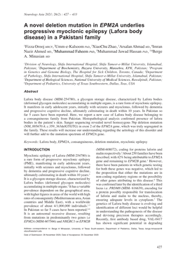 A Novel Deletion Mutation in EPM2A Underlies Progressive Myoclonic Epilepsy (Lafora Body Disease) in a Pakistani Family