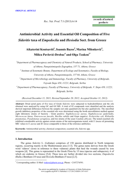 Antimicrobial Activity and Essential Oil Composition of Five Sideritis Taxa of Empedoclia and Hesiodia Sect