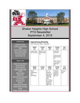 Shaker Heights High School PTO Newsletter September 4, 2015