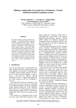 Mining a Comparable Text Corpus for a Vietnamese - French Statistical Machine Translation System