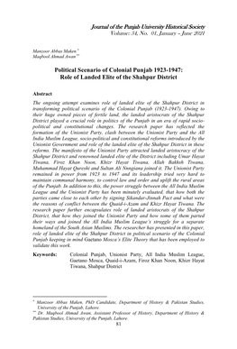 Political Scenario of Colonial Punjab 1923-1947: Role of Landed Elite of the Shahpur District