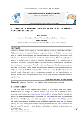 AN ANALYSIS of BUDDHIST ELEMENTS in the MUSIC of PRINCESS WEN CHENG by IMEE OOI Xiao Hao Tee Fung Ying Loo ABSTRACT 1. INTRODUCT