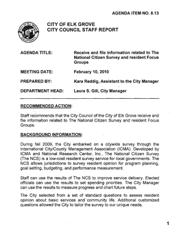 CITY of ELK GROVE CITY COUNCIL STAFF REPORT Receive and File