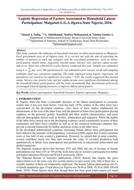 Logistic Regression of Factors Associated to Household Labour Participation: Maigatari L.G.A Jigawa State Nigeria, 2016