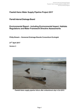 Pawlett Hams Water Supply Pipeline Project 2017 Parrett Internal Drainage Board Environmental Report