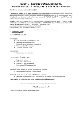 COMPTE-RENDU DU CONSEIL MUNICIPAL Mardi 30 Mars 2021 À 18 H 30, SALLE DES FETES, À Huis-Clos