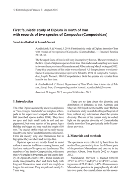 First Faunistic Study of Diplura in North of Iran with Records of Two Species of Campodea (Campodeidae)