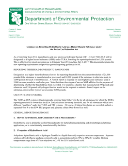 Guidance on Reporting Hydrofluoric Acid As a Higher Hazard Substance Under the Toxics Use Reduction Act