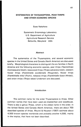 Systematics of Thysanoptera, Pear Thrips and Other Economic Species