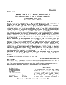 Socio-Economic Factors Affecting Quality of Life of Hemodialysis Patients and Its Effects on Mortality