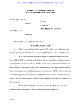 UNITED STATES DISTRICT COURT SOUTHERN DISTRICT of NEW YORK BYD COMPANY LTD., Plaintiff, V. VICE MEDIA LLC Defendant. Case No. C