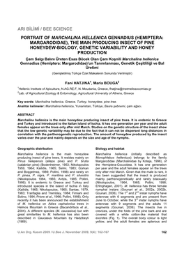 Ari Bilimi / Bee Science Portrait of Marchalina Hellenica Gennadius (Hemiptera: Margarodidae), the Main Producing Insect of P