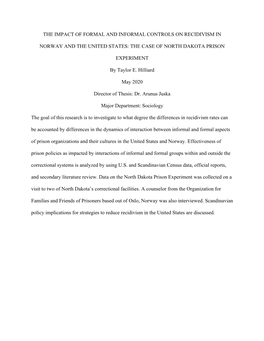 The Impact of Formal and Informal Controls on Recidivism in Norway and the United States: the Case of North Dakota Prison Experi