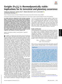 Greigite (Fe3s4) Is Thermodynamically Stable: Implications for Its Terrestrial and Planetary Occurrence