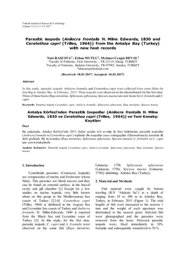 Parasitic Isopods (Anilocra Frontalis H. Milne Edwards, 1830 and Ceratothoa Capri (Trilles, 1964)) from the Antalya Bay (Turkey) with New Host Records