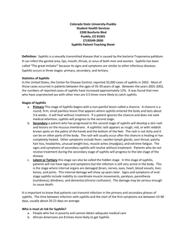 Colorado State University-Pueblo Student Health Services 2200 Bonforte Blvd Pueblo, CO 81001 (719)549-2830 Syphilis Patient Teaching Sheet