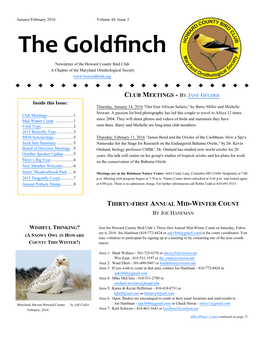 The Goldfinch Newsletter of the Howard County Bird Club a Chapter of the Maryland Ornithological Society