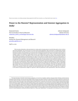 Power to the Parents? Representation and Interest Aggregation in Delhi∗