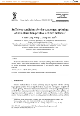 Sufficient Conditions for the Convergent Splittings of Non-Hermitian Positive Definite Matrices
