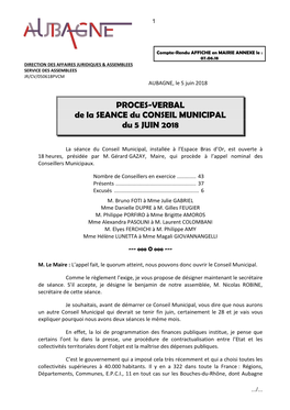 PROCES-VERBAL De La SEANCE Du CONSEIL MUNICIPAL Du 5 JUIN 2018