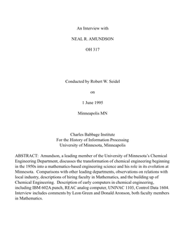 An Interview with NEAL R. AMUNDSON OH 317 Conducted By